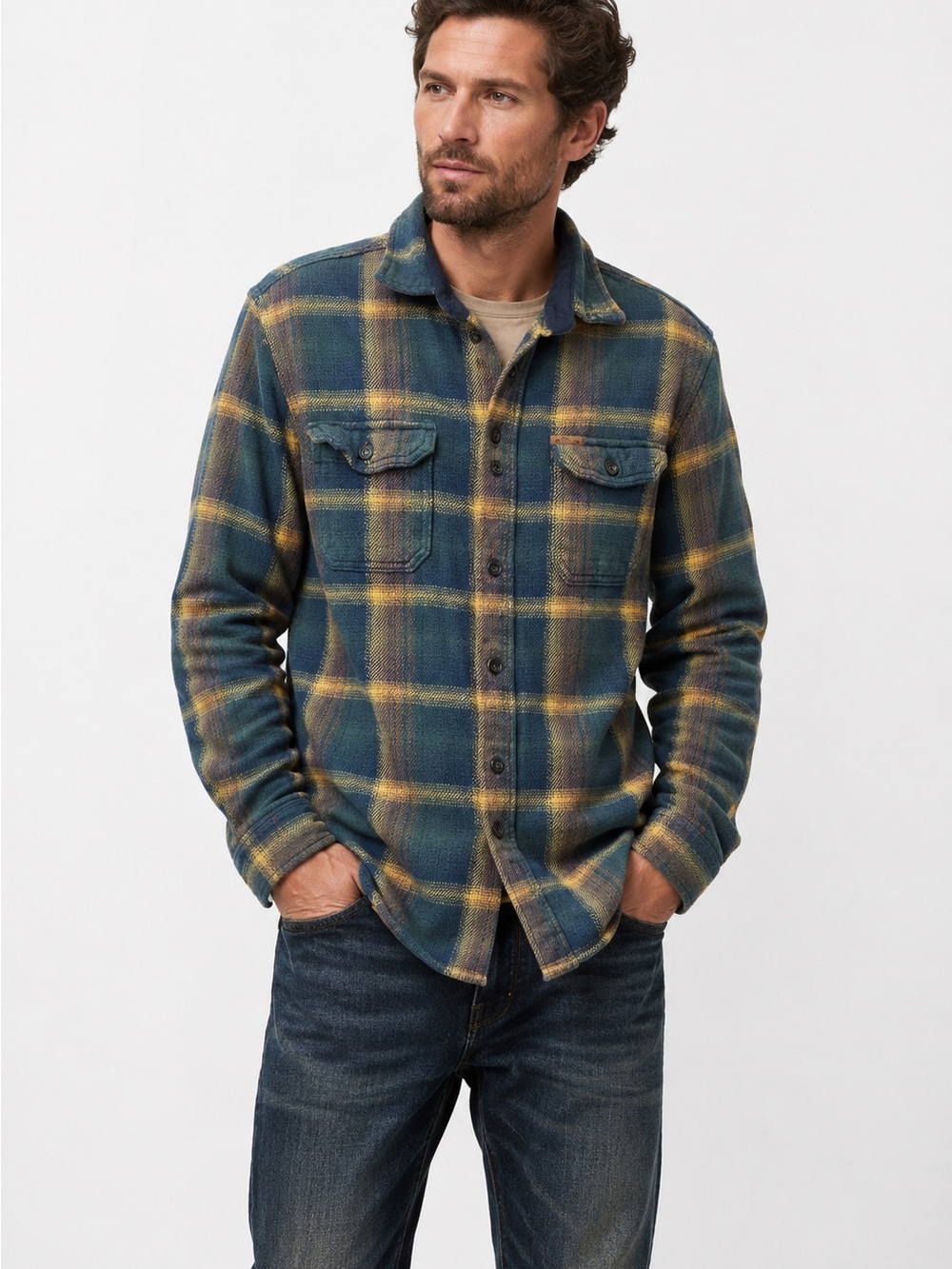 Orvis Men’s Navy Green Yellow Plaid Button-Down Flannel Shacket Shirt Medium